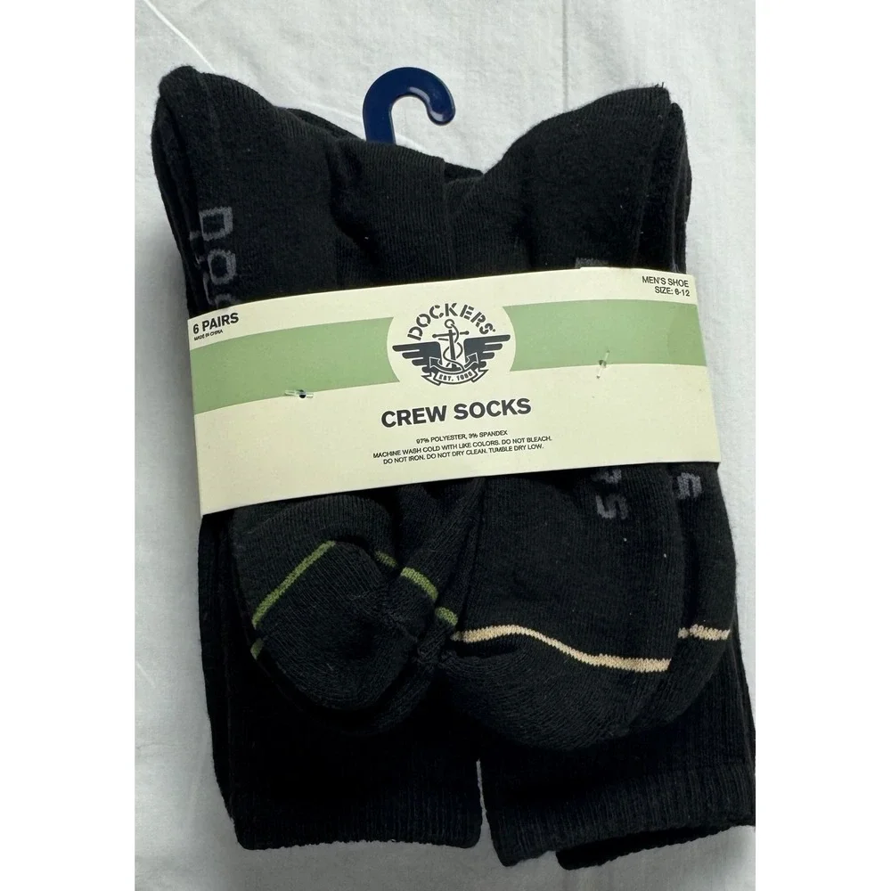 Dockers Mens Crew Socks 6 Pair Pack Black Ribbed Logo Shoe Size 6-12